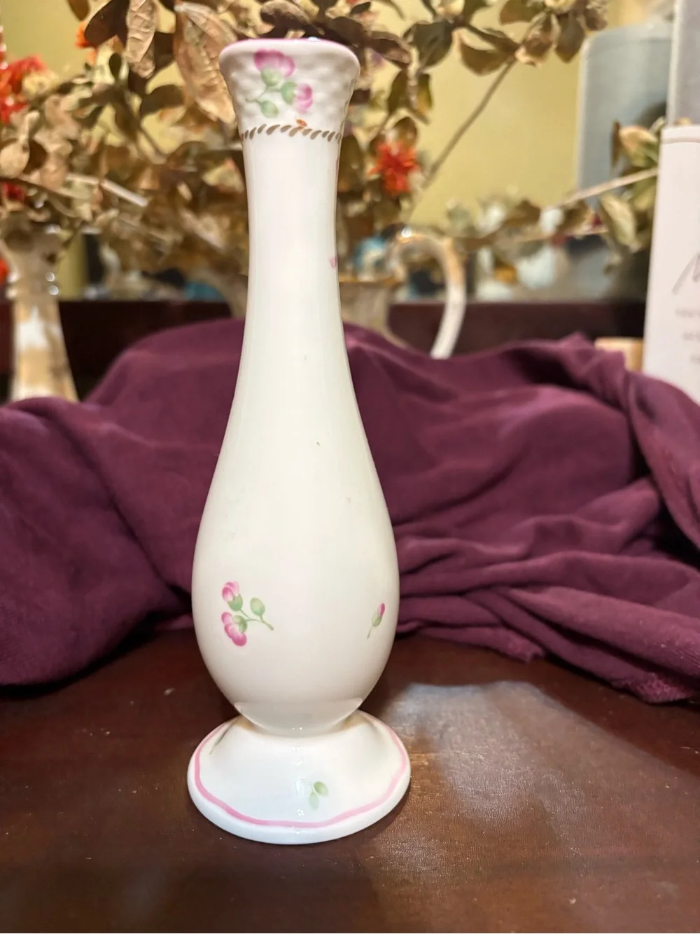 Lenox Petite Suite White Bone China Bud Vase with Pink Ribbon and Floral Accents